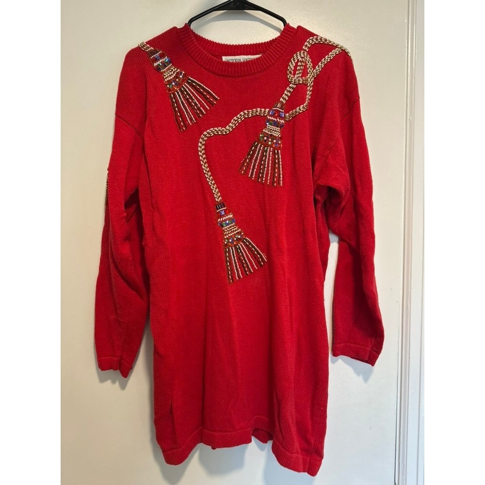 Victoria Harbour Vintage Beaded Tassel Sweater Sz:L Red Maximalist Ramie Cotton